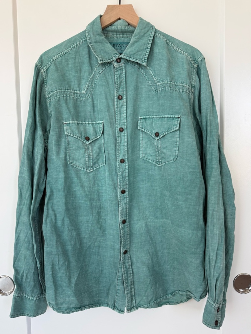 Ryan Michael Silk-Linen Blend Teal Button-Down Western Shirt
